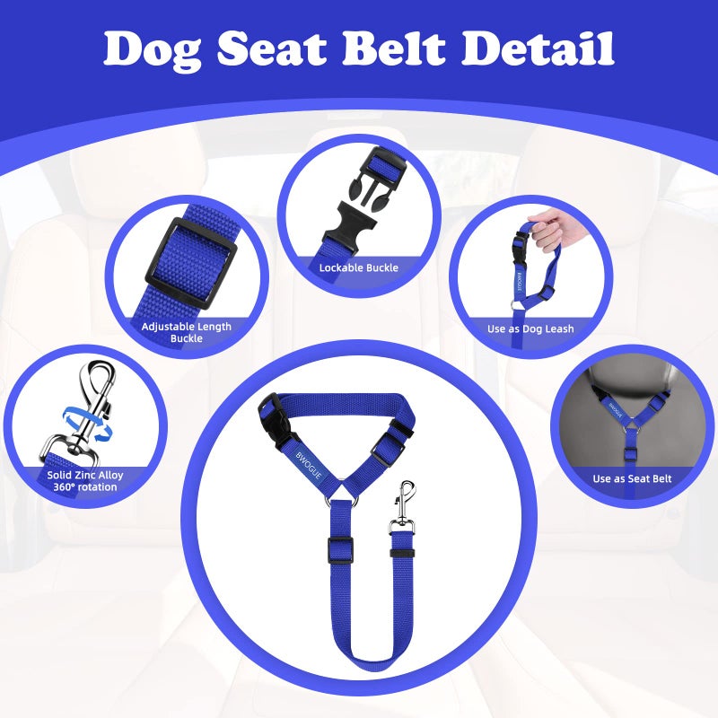 BWOGUE 2 Packs Dog Cat Safety Seat Belt Strap Car Headrest Restraint Adjustable Nylon Fabric Dog Restraints Vehicle Seatbelts Harness Dark Blue - Image 3